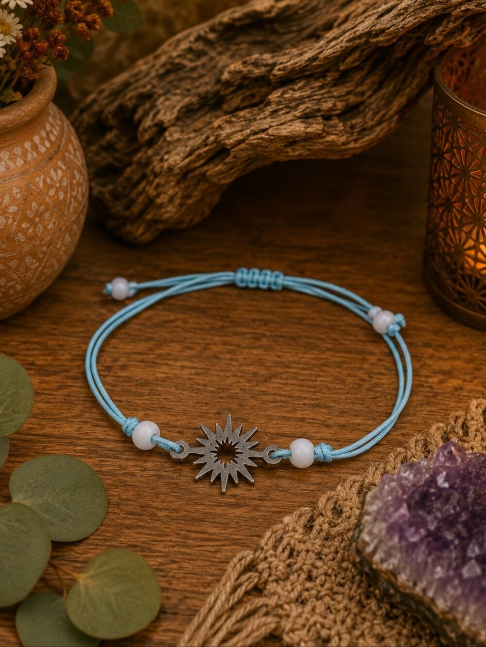 Adjustable Blue Cord Sunburst Bracelet, Minimalist Friendship Bracelet, Boho